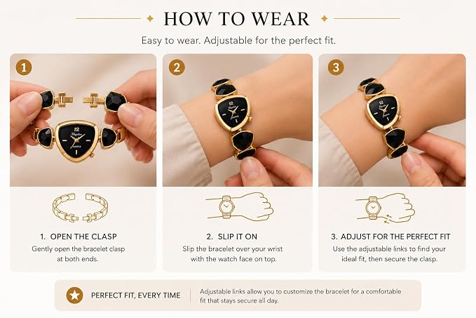 Royale Heart Bracelet Watch Black Crystal Gold-Tone Luxury Fashion Watch for Women