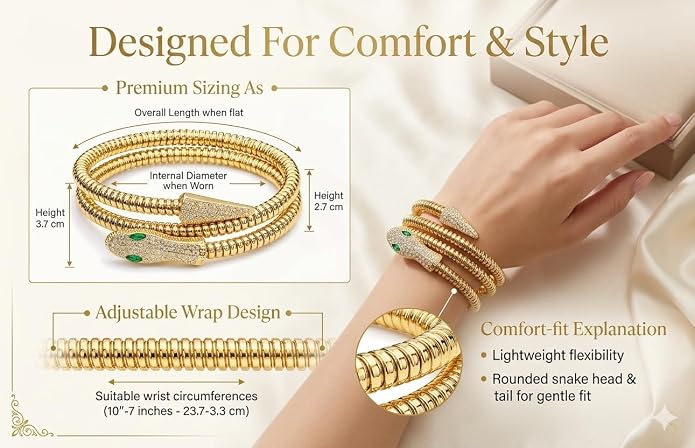 ORRAH LUXE Women’s Adjustable Gold Snake Bangle Bracelet with Crystal & Green Eye Detail