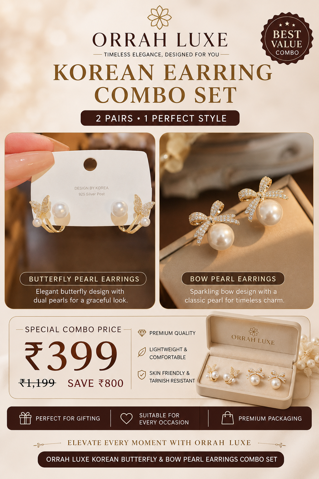 ORRAH LUXE Korean Pearl Earrings – 2 Pair Combo