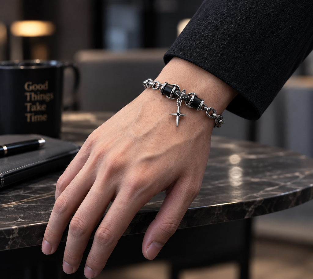 ORRAH LUXE Men’s Adjustable Black & Silver Chain Bracelet with Star Charm