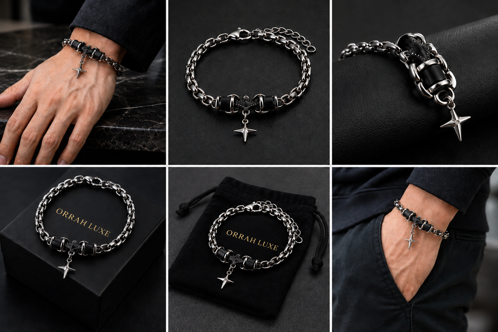 ORRAH LUXE Men’s Adjustable Black & Silver Chain Bracelet with Star Charm
