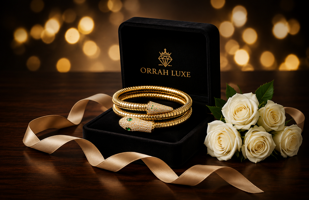 ORRAH LUXE Women’s Adjustable Gold Snake Bangle Bracelet with Crystal & Green Eye Detail