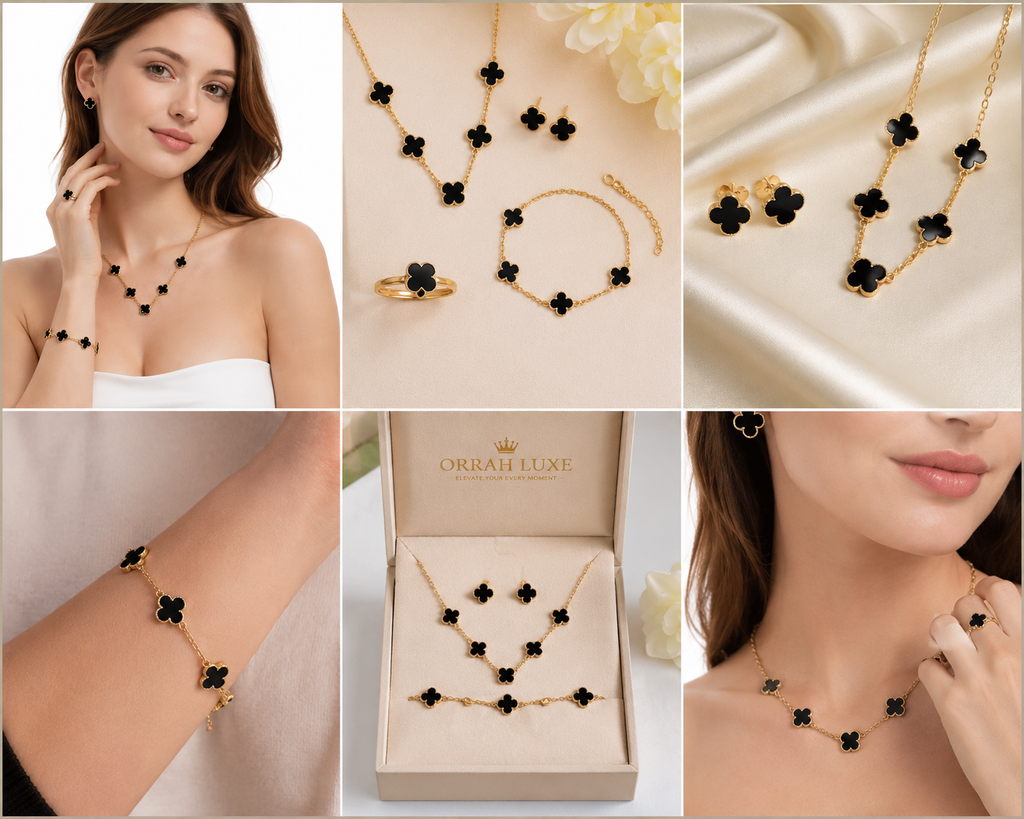 ORRAH LUXE Black Clover Necklace Set for Women-Elegant Gold-Tone Pendant Jewelry