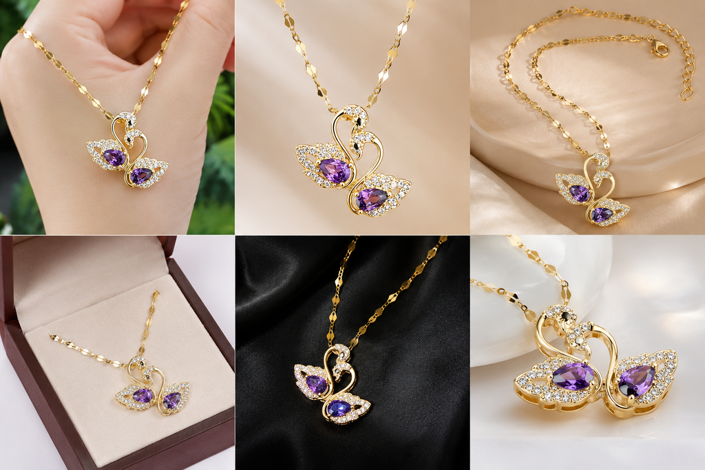 Women’s Gold-Plated Swan Pendant Necklace with Purple Crystal & Rhinestone Detailing