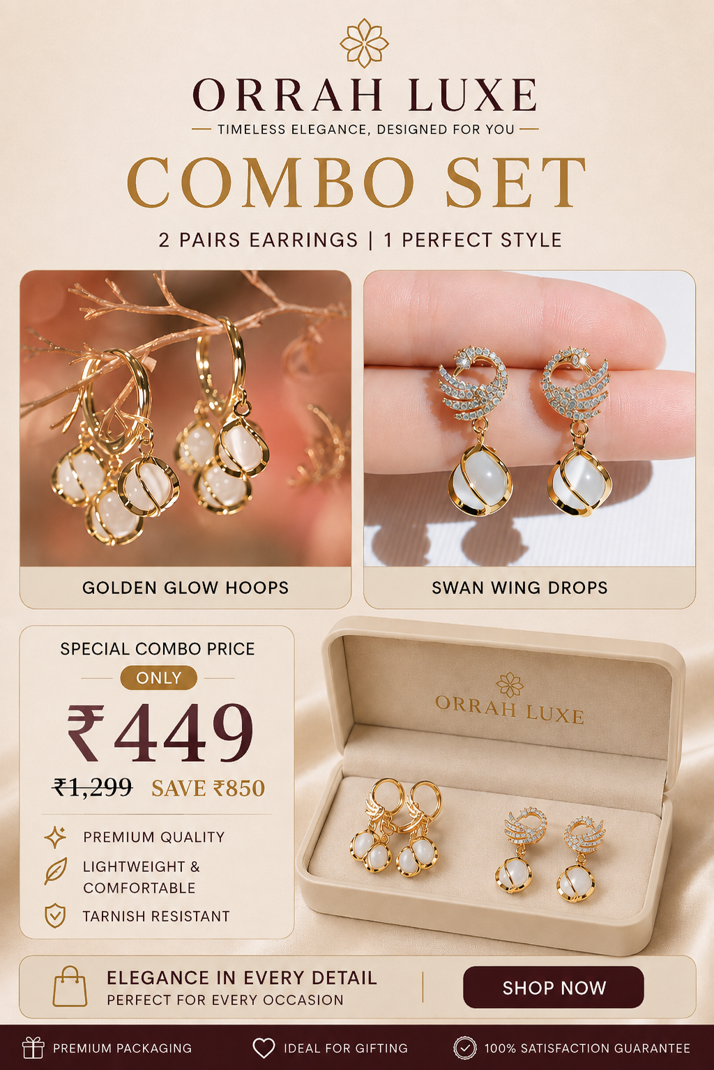 Trendy Gold-Tone Pearl Earrings Set – 2 Pair Combo for Women & Girls