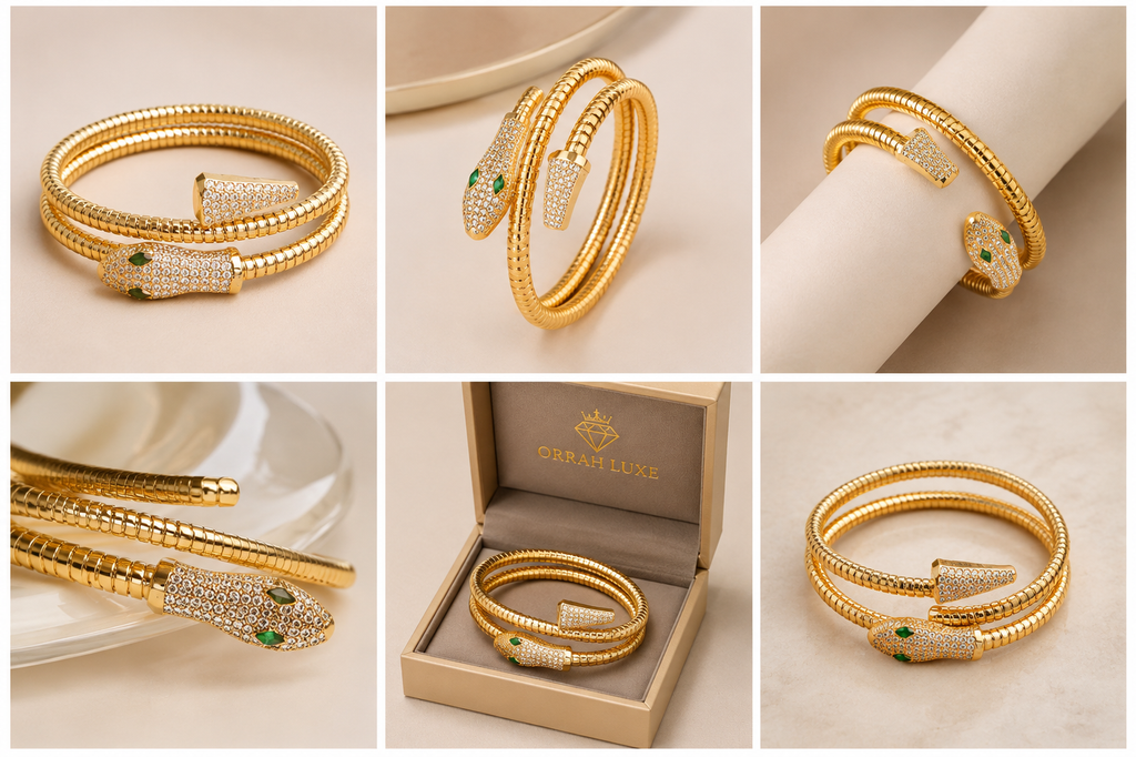 ORRAH LUXE Women’s Adjustable Gold Snake Bangle Bracelet with Crystal & Green Eye Detail