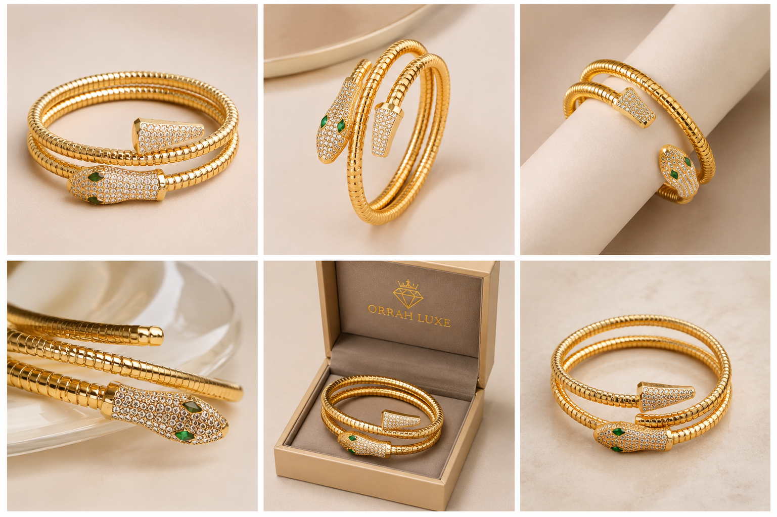 ORRAH LUXE Women’s Adjustable Gold Snake Bangle Bracelet with Crystal & Green Eye Detail