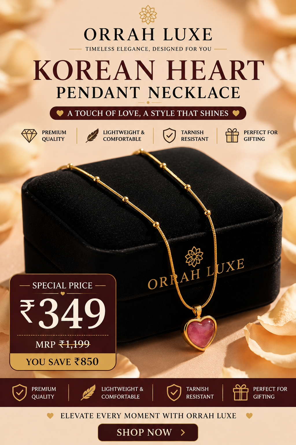ORRAH LUXE Elegant Heart Pendant Necklace for Women