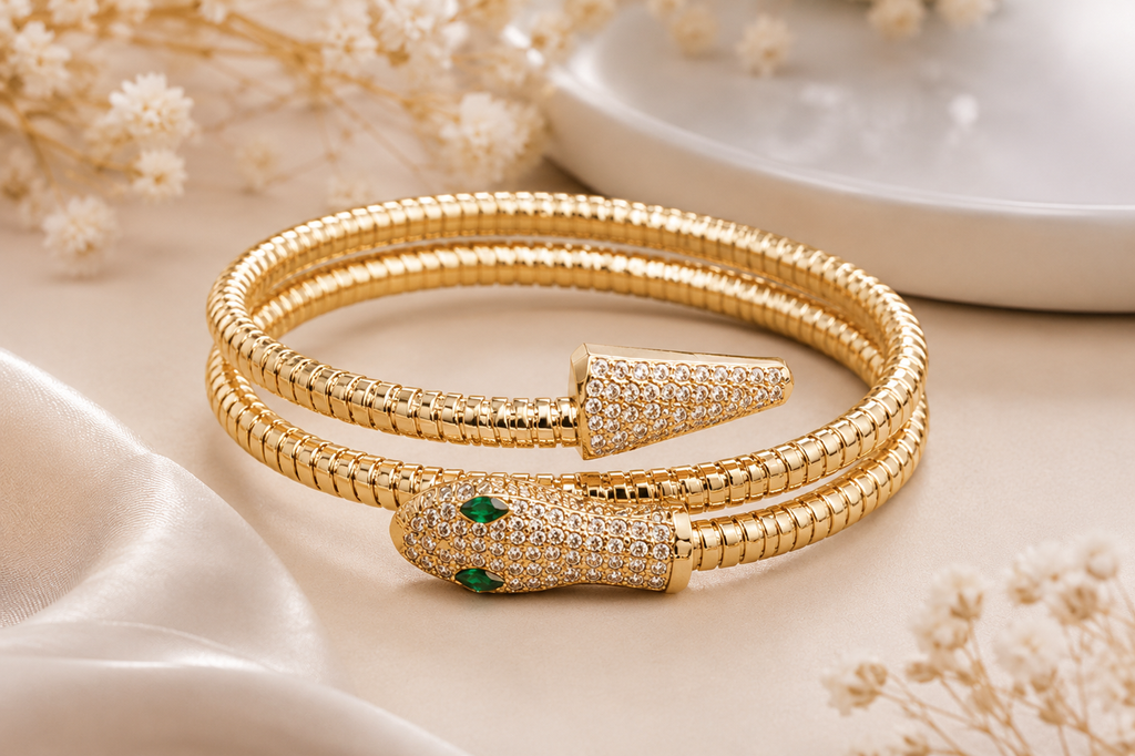 ORRAH LUXE Women’s Adjustable Gold Snake Bangle Bracelet with Crystal & Green Eye Detail