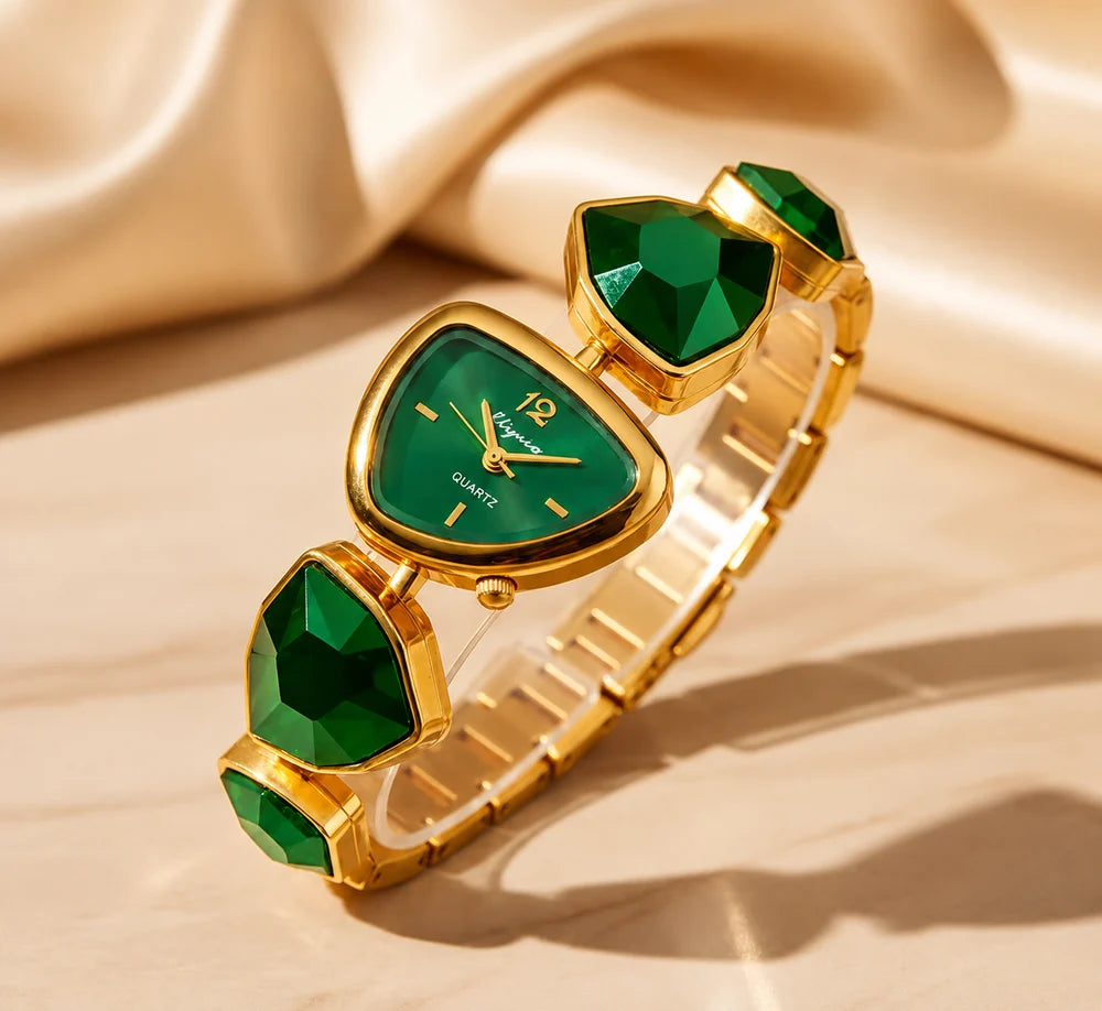 Emerald Royale Heart Watch | Green Crystal Bracelet Fashion Watch with Gold-Tone Finish
