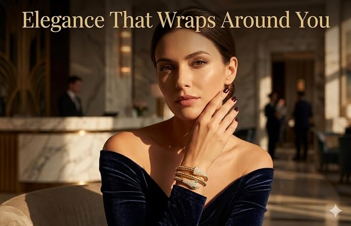 ORRAH LUXE Women’s Adjustable Gold Snake Bangle Bracelet with Crystal & Green Eye Detail