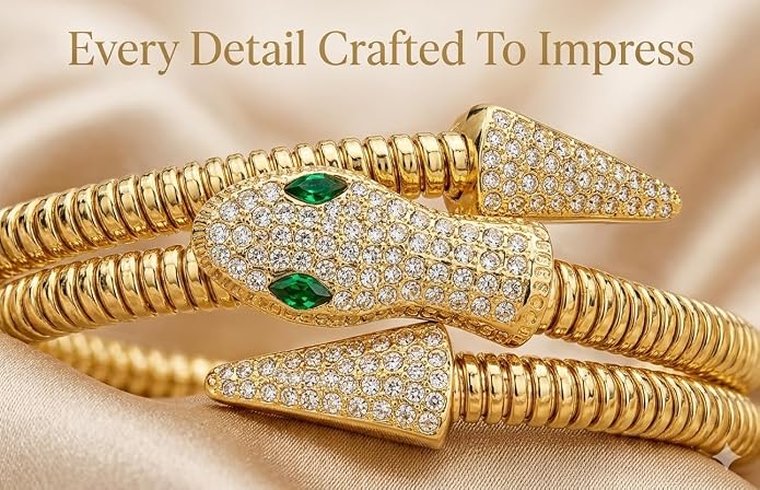 ORRAH LUXE Women’s Adjustable Gold Snake Bangle Bracelet with Crystal & Green Eye Detail
