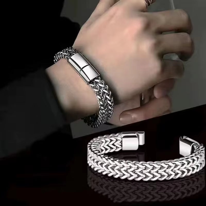 Royal Ice Heavy Punk Double Curb Cuban Chain Bracelet Premium Silver-Tone Braided Statement Bracelet for Men