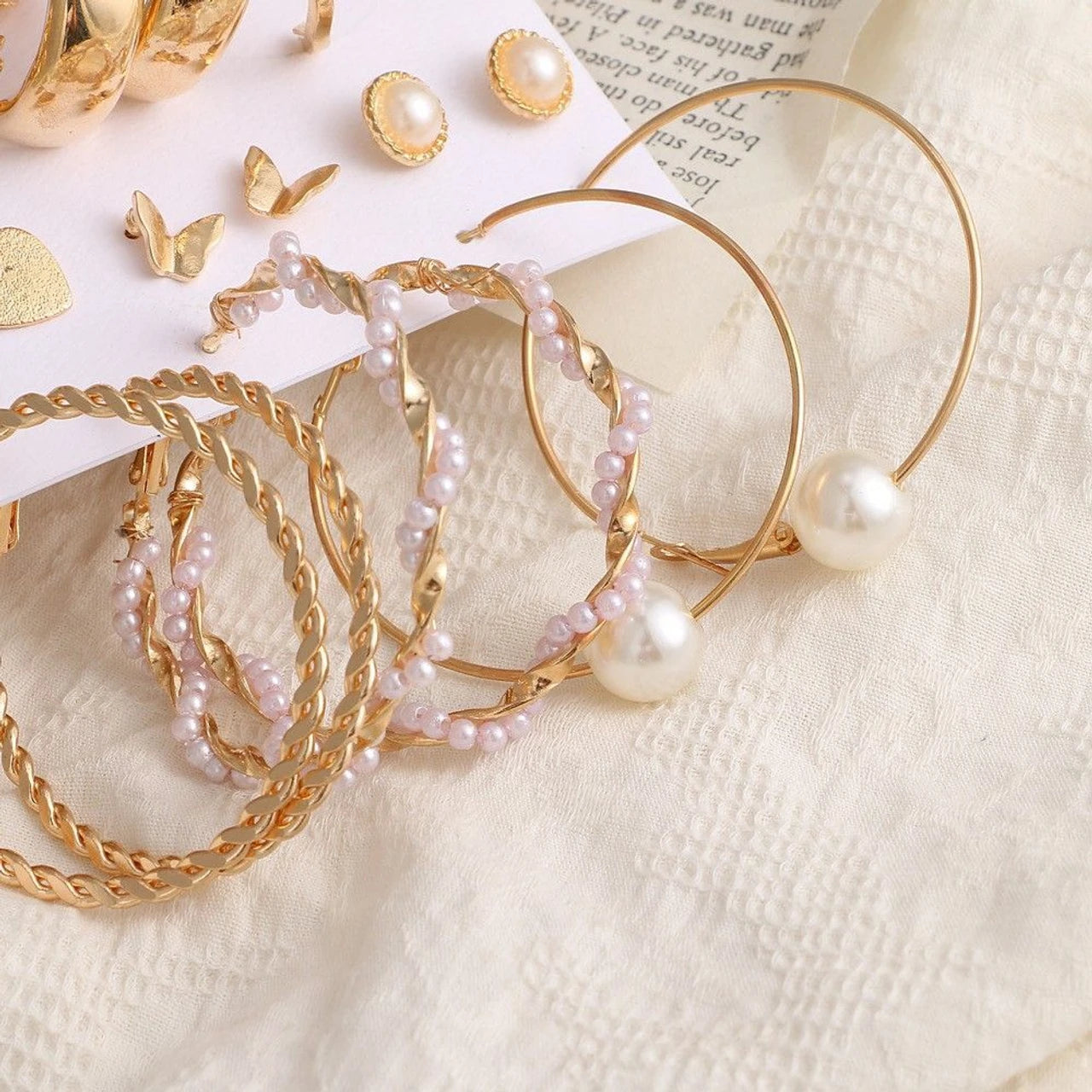 9-Pair Gold-Plated Pearl Earrings Combo Set for Women(Trendy Hoops, Studs & Statement Collection)