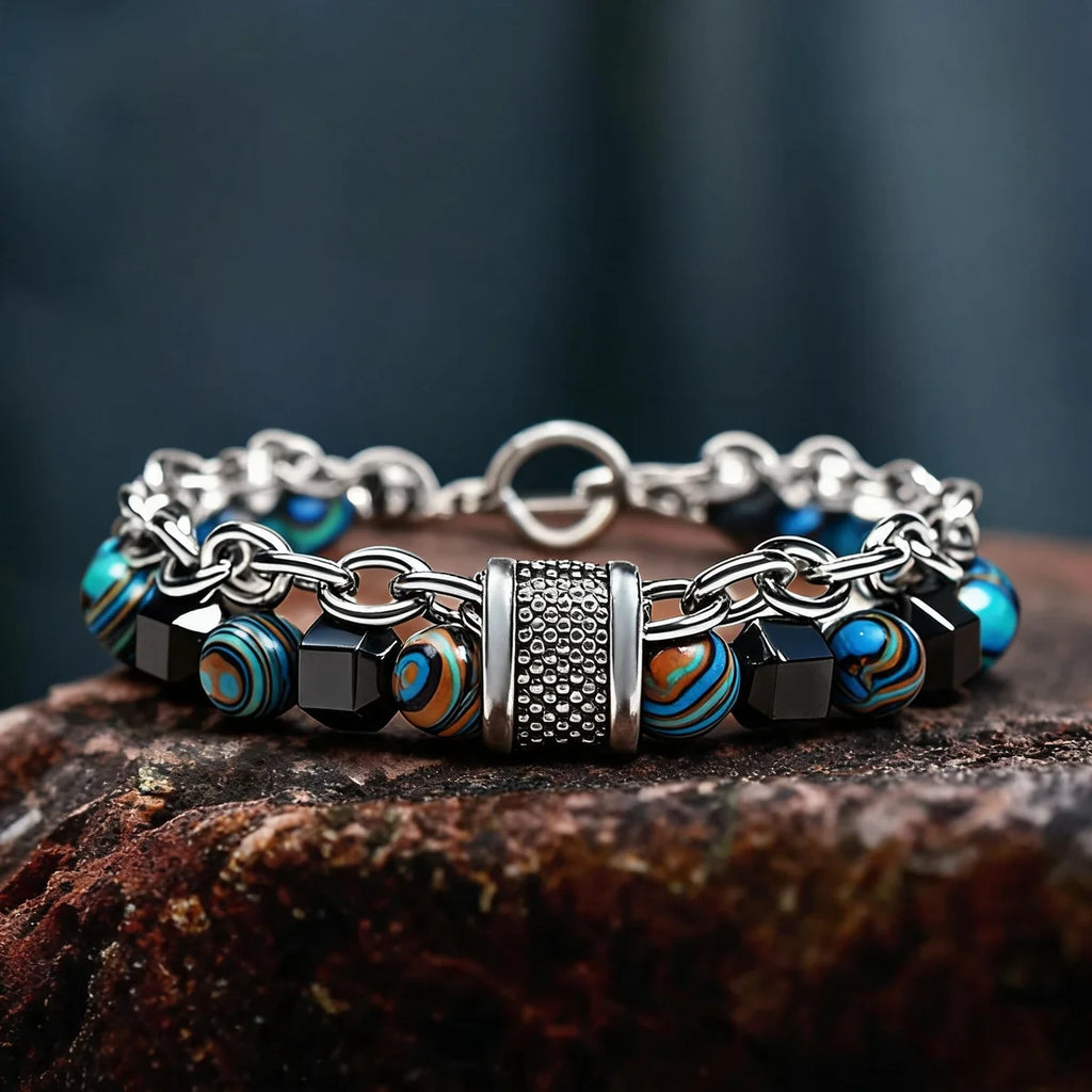 Royal Blue & Black Beaded Chain Bracelet for Men Premium Silver-Tone Statement Bracelet
