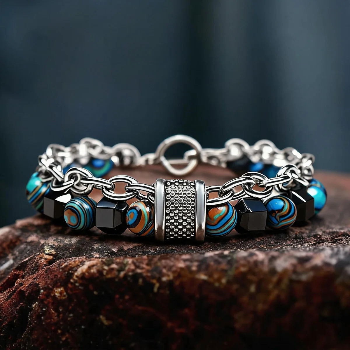 Royal Blue & Black Beaded Chain Bracelet for Men Premium Silver-Tone Statement Bracelet