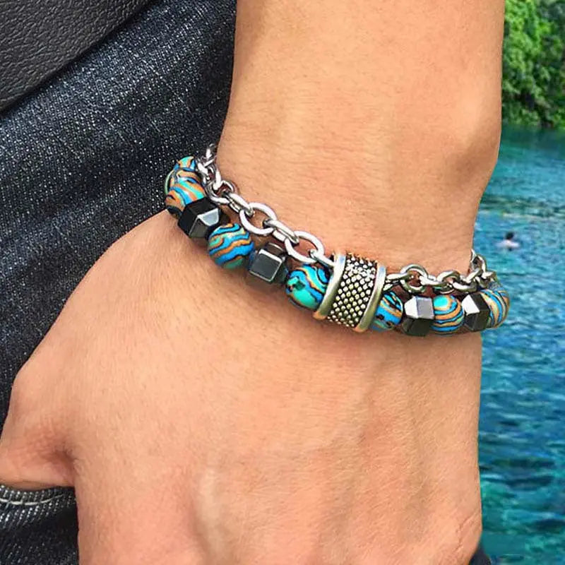 Royal Blue & Black Beaded Chain Bracelet for Men Premium Silver-Tone Statement Bracelet