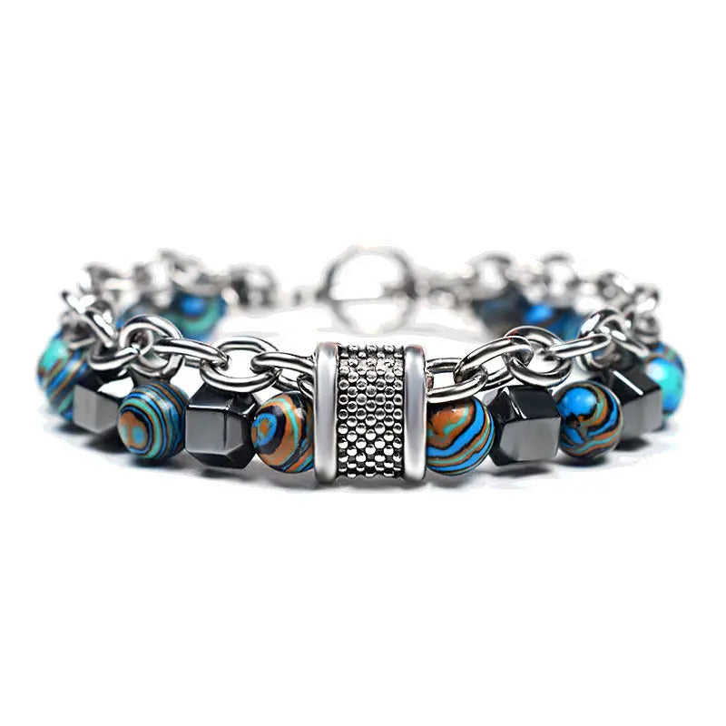 Royal Blue & Black Beaded Chain Bracelet for Men Premium Silver-Tone Statement Bracelet
