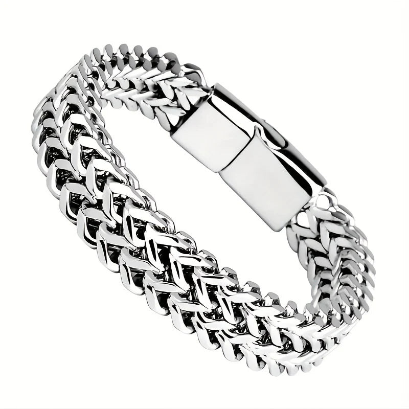Royal Ice Heavy Punk Double Curb Cuban Chain Bracelet Premium Silver-Tone Braided Statement Bracelet for Men