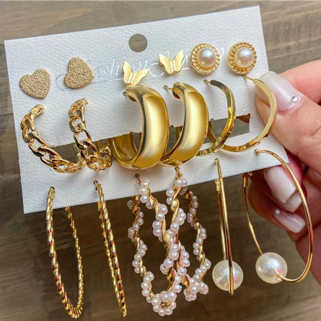 9-Pair Gold-Plated Pearl Earrings Combo Set for Women(Trendy Hoops, Studs & Statement Collection)