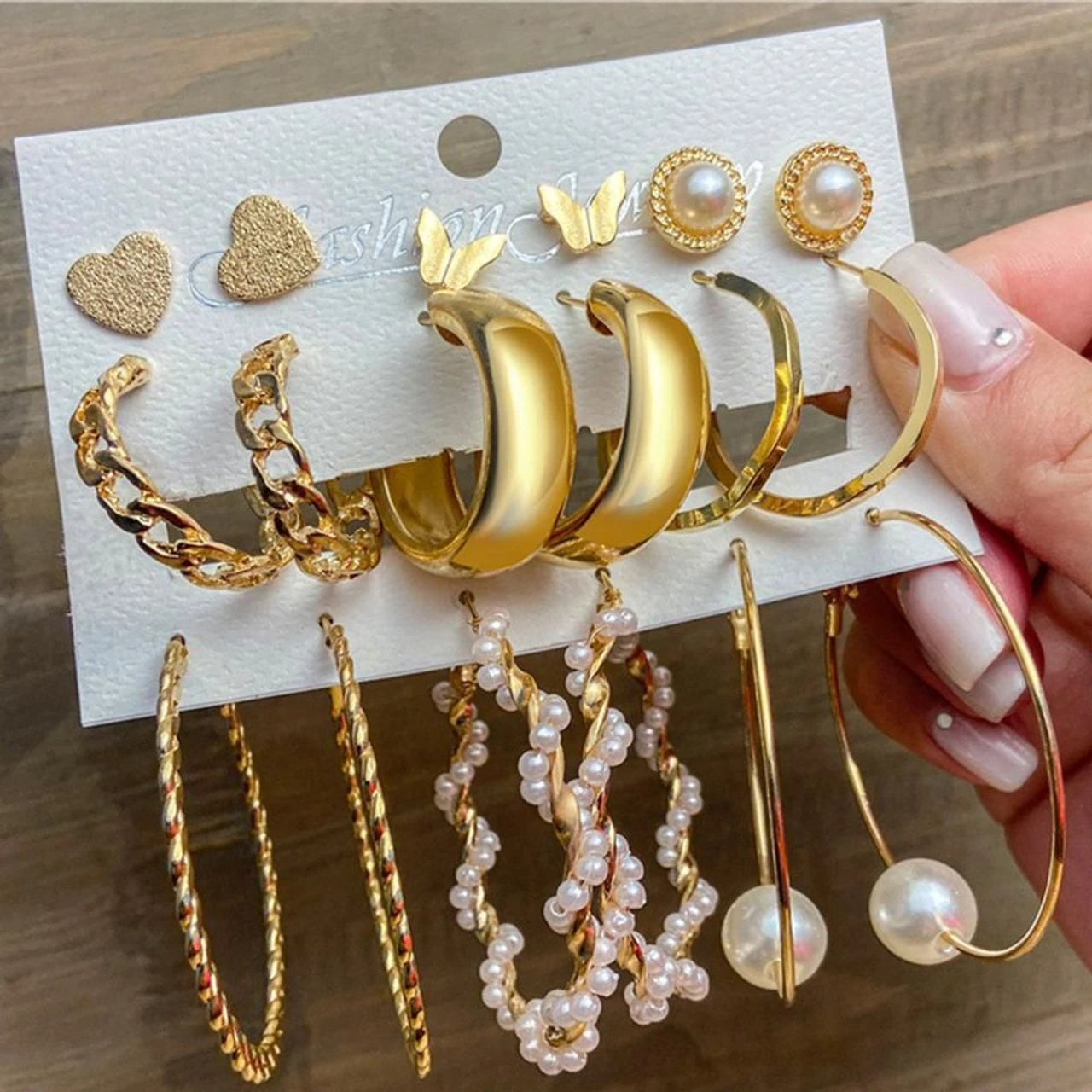 9-Pair Gold-Plated Pearl Earrings Combo Set for Women(Trendy Hoops, Studs & Statement Collection)