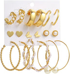 9-Pair Gold-Plated Pearl Earrings Combo Set for Women(Trendy Hoops, Studs & Statement Collection)