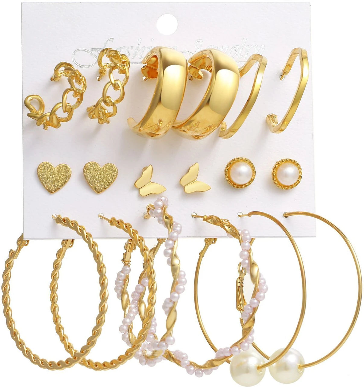 9-Pair Gold-Plated Pearl Earrings Combo Set for Women(Trendy Hoops, Studs & Statement Collection)