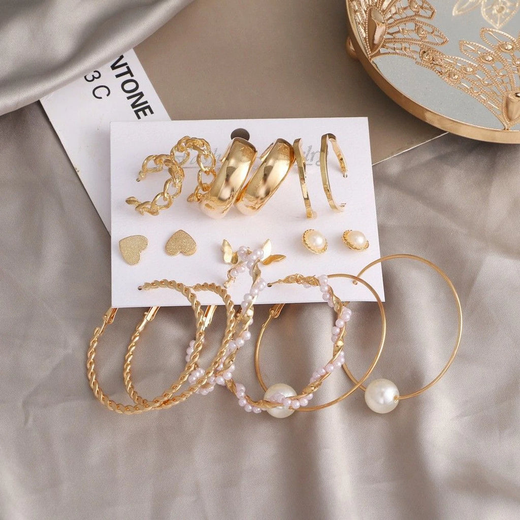 9-Pair Gold-Plated Pearl Earrings Combo Set for Women(Trendy Hoops, Studs & Statement Collection)