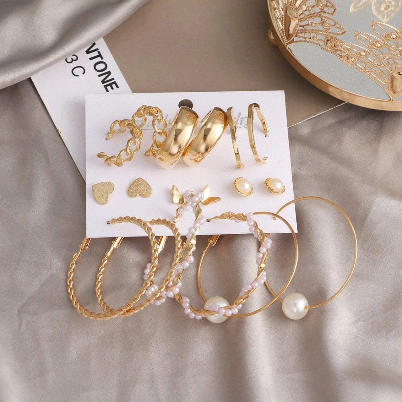 9-Pair Gold-Plated Pearl Earrings Combo Set for Women(Trendy Hoops, Studs & Statement Collection)