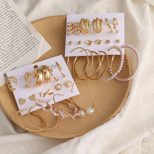 9-Pair Gold-Plated Pearl Earrings Combo Set for Women(Trendy Hoops, Studs & Statement Collection)