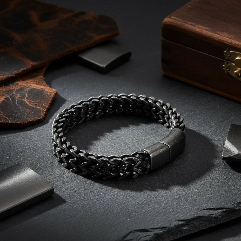 Black Double-Layer Curb Chain Bracelet for Men Premium Stainless Steel Statement Bracelet