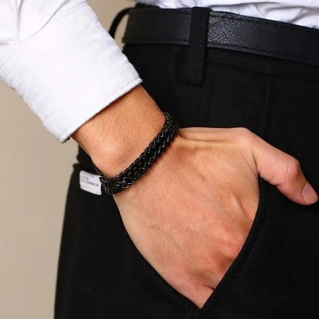 Black Double-Layer Curb Chain Bracelet for Men Premium Stainless Steel Statement Bracelet