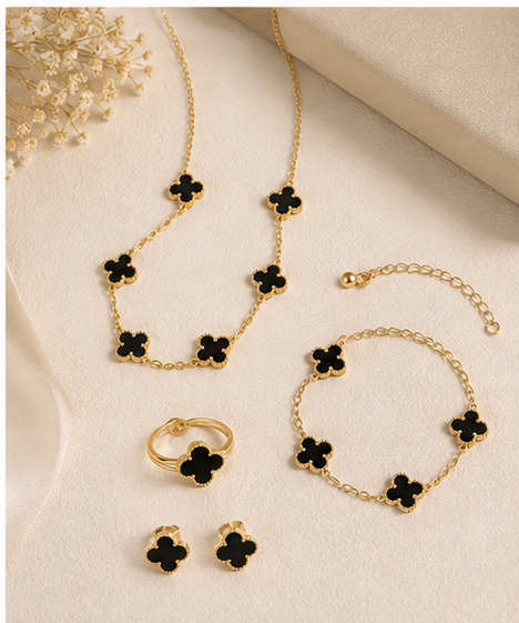 ORRAH LUXE Black Clover Necklace Set for Women-Elegant Gold-Tone Pendant Jewelry