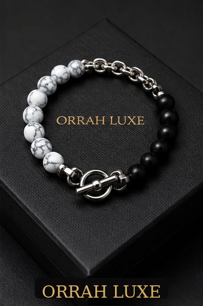 ORRAH LUXE Men’s Black & White Beaded Chain Bracelet with Textured Silver Charm