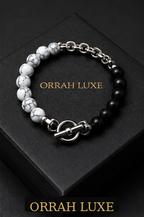 ORRAH LUXE Men’s Black & White Beaded Chain Bracelet with Textured Silver Charm