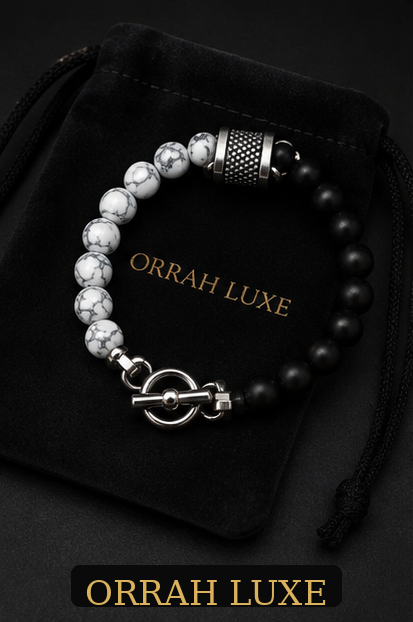 ORRAH LUXE Men’s Black & White Beaded Chain Bracelet with Textured Silver Charm
