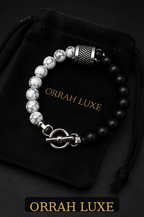 ORRAH LUXE Men’s Black & White Beaded Chain Bracelet with Textured Silver Charm