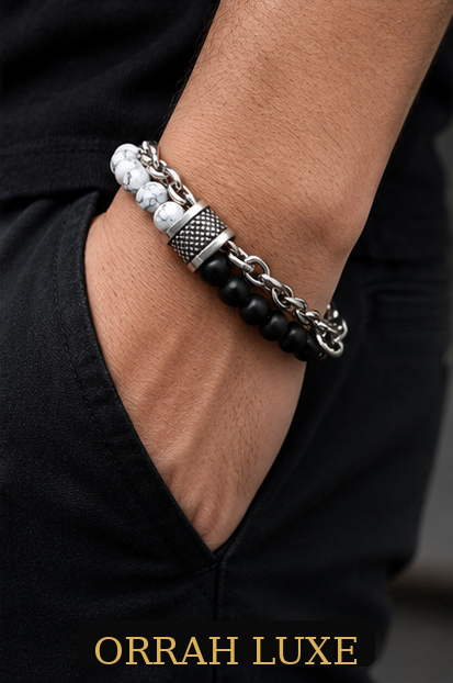 ORRAH LUXE Men’s Black & White Beaded Chain Bracelet with Textured Silver Charm