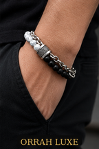 ORRAH LUXE Men’s Black & White Beaded Chain Bracelet with Textured Silver Charm