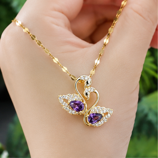 Women’s Gold-Plated Swan Pendant Necklace with Purple Crystal & Rhinestone Detailing