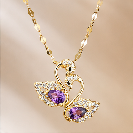 Women’s Gold-Plated Swan Pendant Necklace with Purple Crystal & Rhinestone Detailing