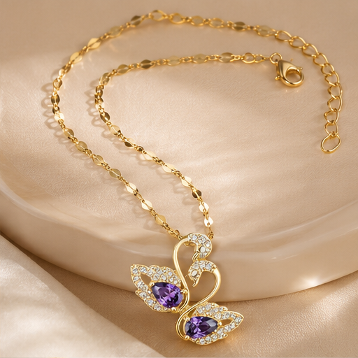 Women’s Gold-Plated Swan Pendant Necklace with Purple Crystal & Rhinestone Detailing