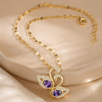 Women’s Gold-Plated Swan Pendant Necklace with Purple Crystal & Rhinestone Detailing