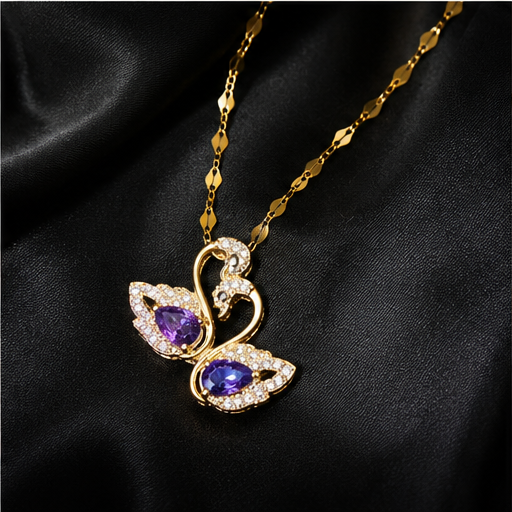Women’s Gold-Plated Swan Pendant Necklace with Purple Crystal & Rhinestone Detailing