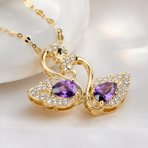 Women’s Gold-Plated Swan Pendant Necklace with Purple Crystal & Rhinestone Detailing