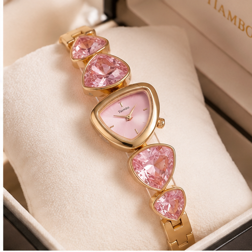 ORRAH LUXE Women’s Luxury Gold-Tone Bracelet Watch with Pink Crystal Heart Design