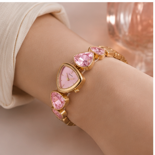 ORRAH LUXE Women’s Luxury Gold-Tone Bracelet Watch with Pink Crystal Heart Design