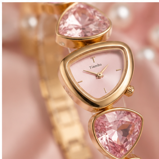 ORRAH LUXE Women’s Luxury Gold-Tone Bracelet Watch with Pink Crystal Heart Design