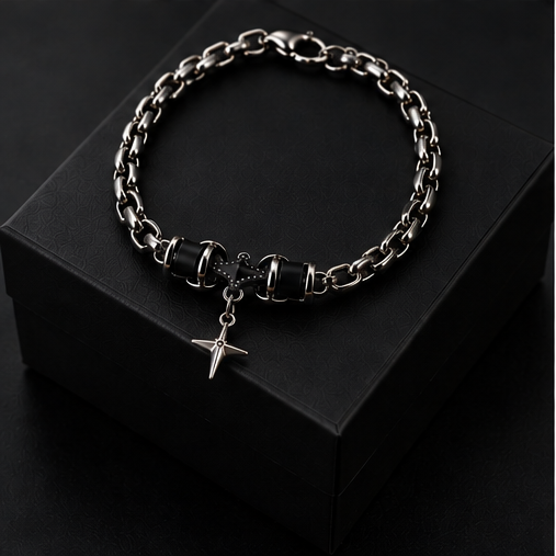 ORRAH LUXE Men’s Adjustable Black & Silver Chain Bracelet with Star Charm