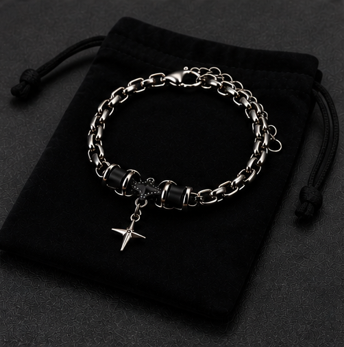 ORRAH LUXE Men’s Adjustable Black & Silver Chain Bracelet with Star Charm